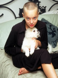 Model Actress Bijou Phillips, with Shaved Head, Holding Pet Dog