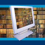 Book Shelves on Computer Screen Symbolizing E-Book Information Databases